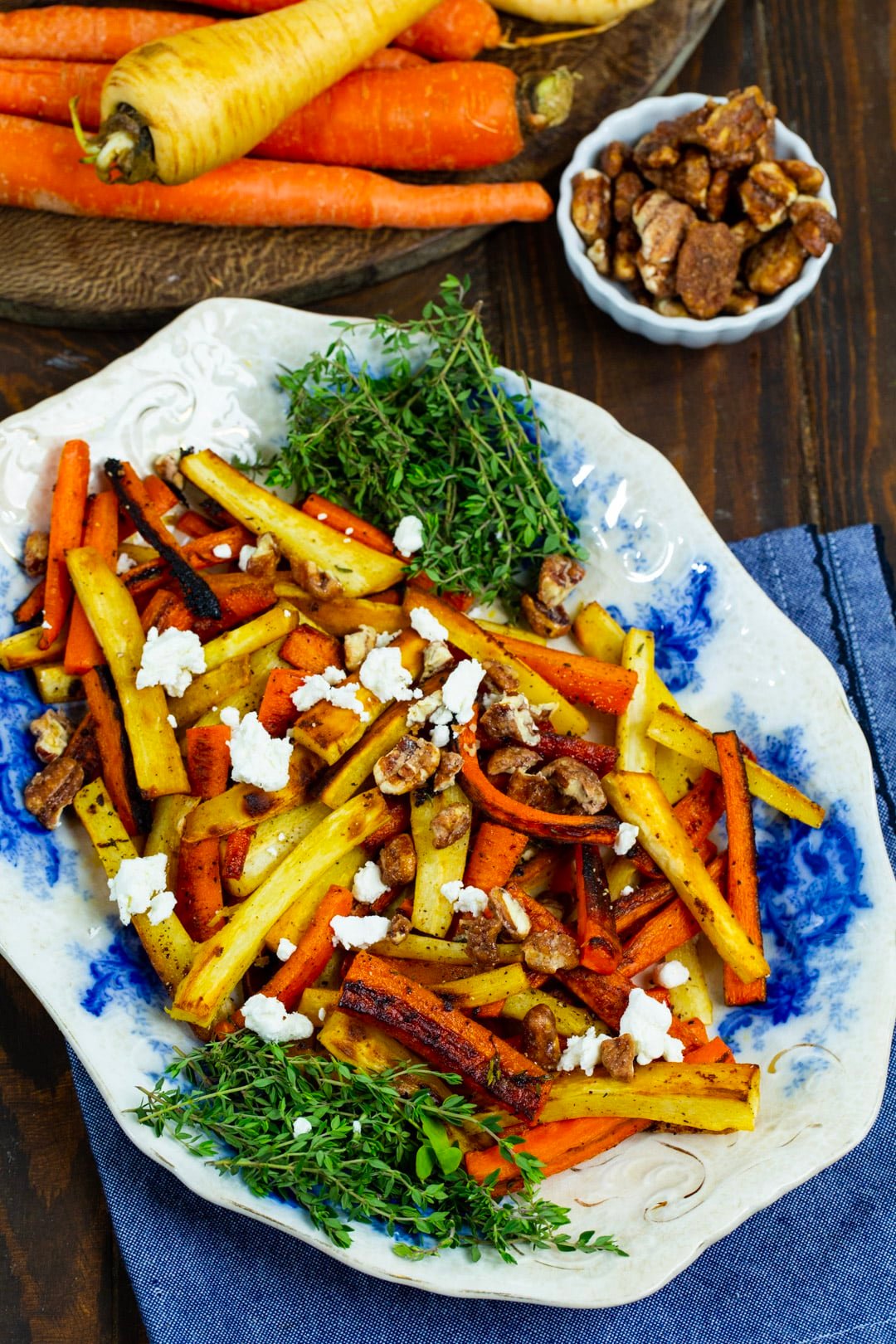 Roasted carrots and parsnips topped with candied pecans and crumbled goat cheese.