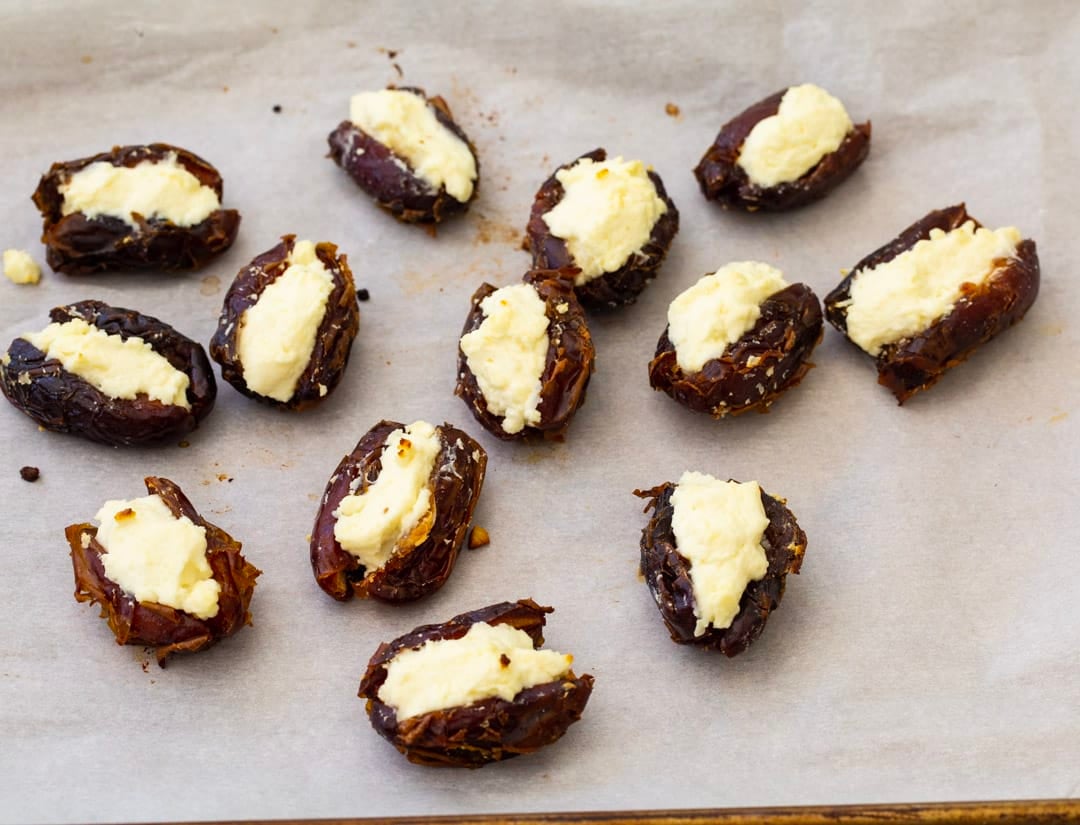 Dates stuffed with whipped feta.