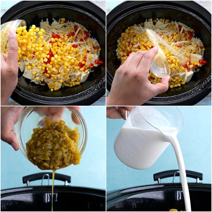 Adding ingredients to slow cooker.