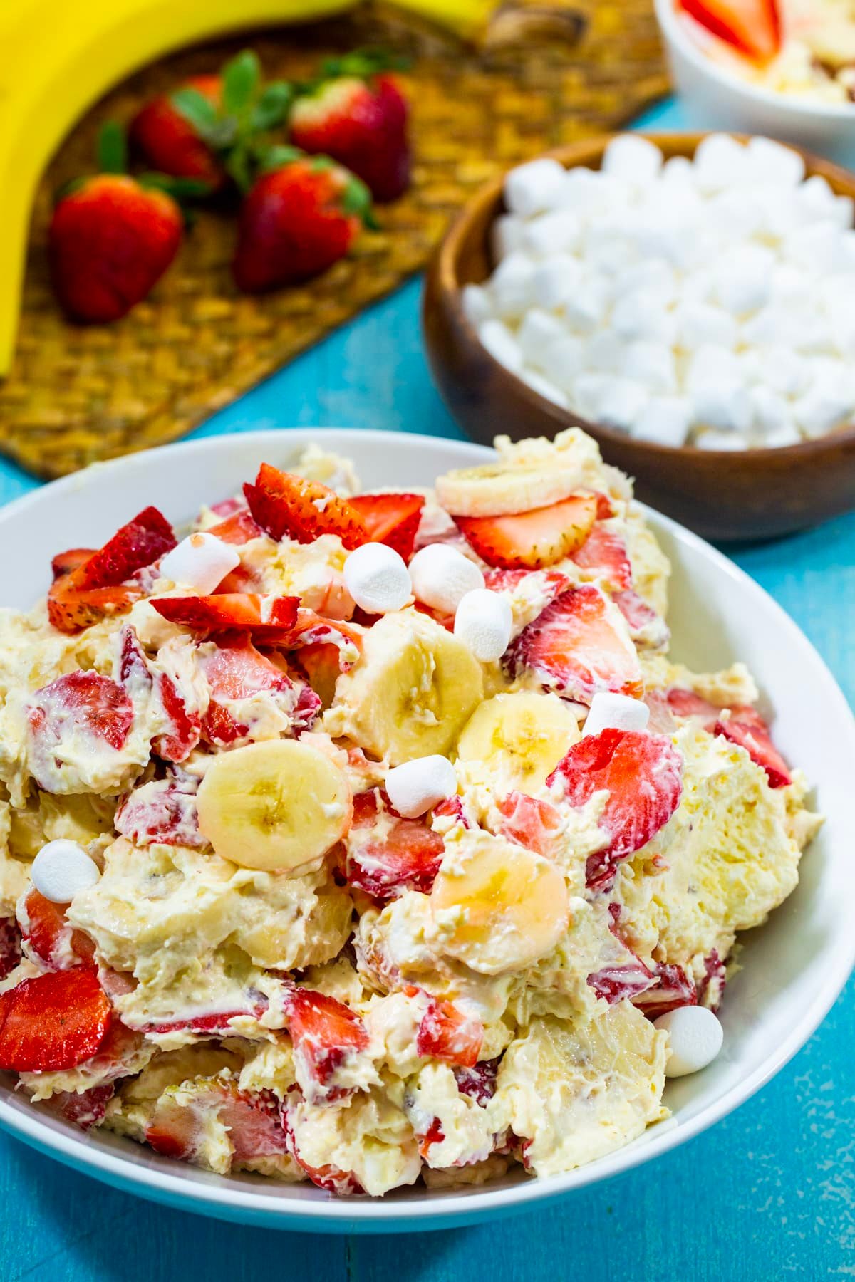 Strawberry Banana Cheesecake Salad in a serving bowl.