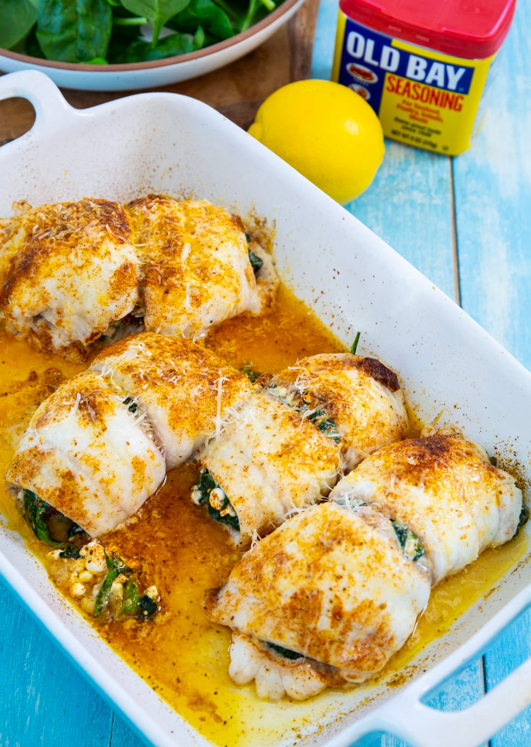 Stuffed flounder in baking dish.