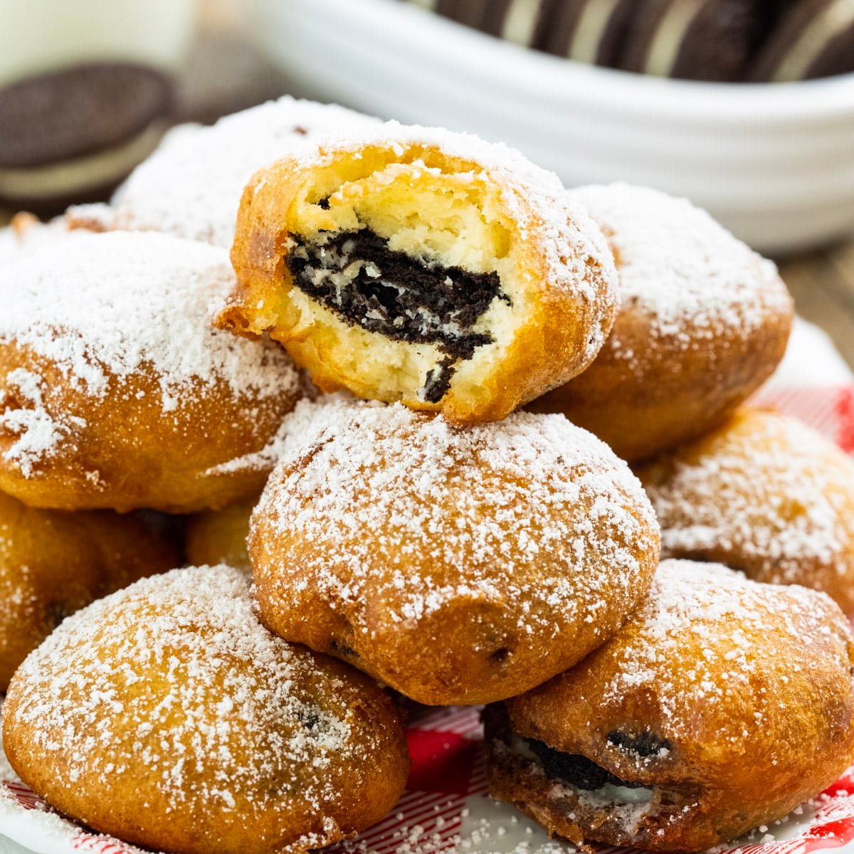 Fried Oreos on a plate.