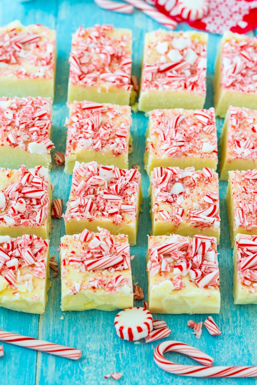 Squares of fudge topped with crushed candy canes.