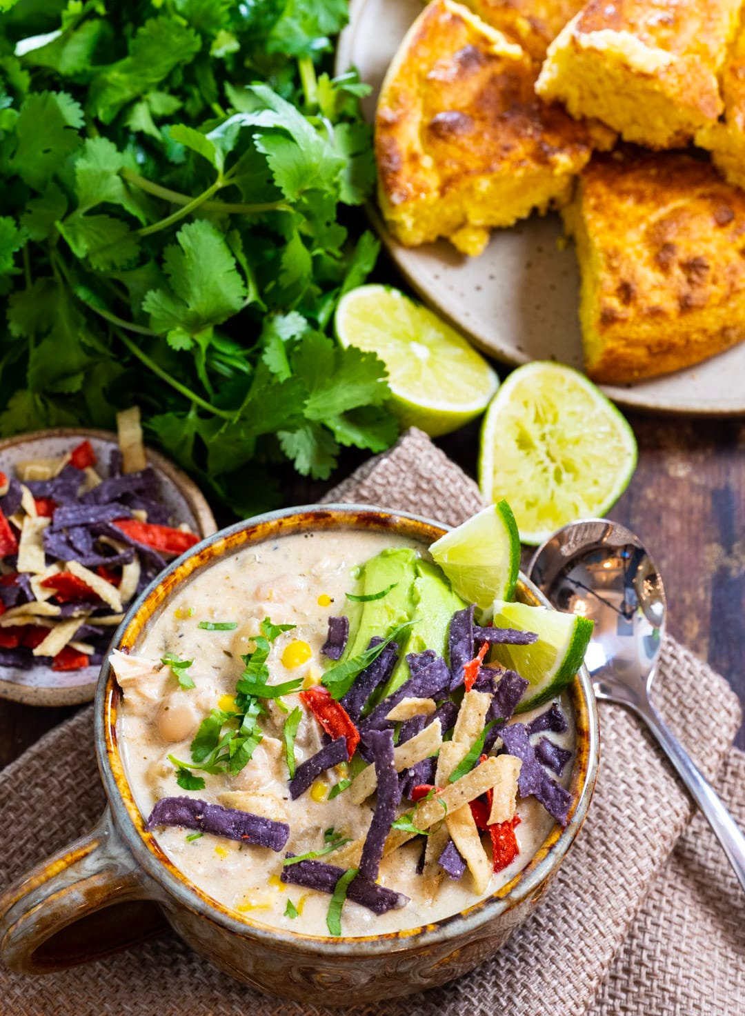 White Chicken Chili topped with crispy tortilla strips.