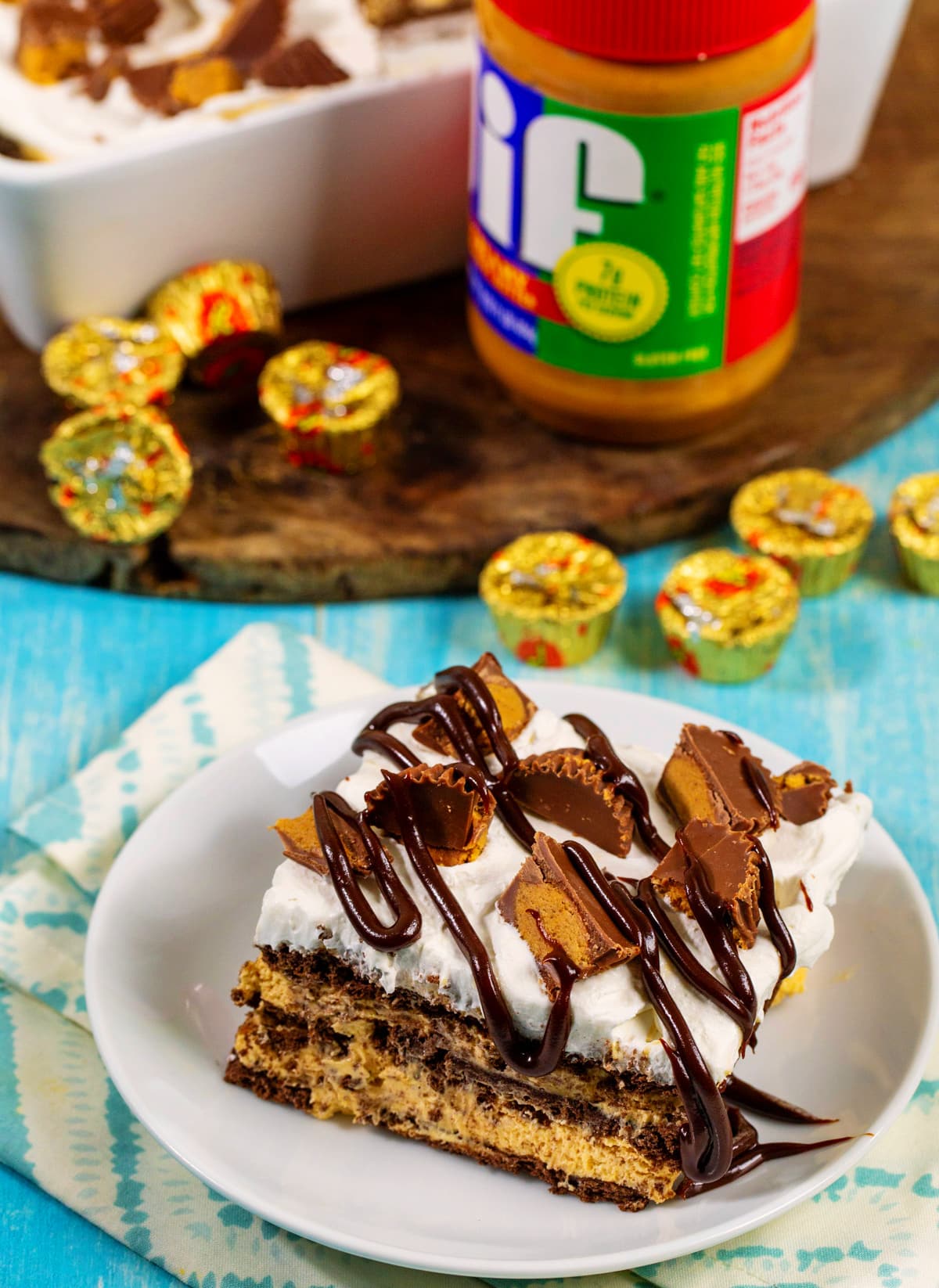 Piece of icebox cake on a small plate.