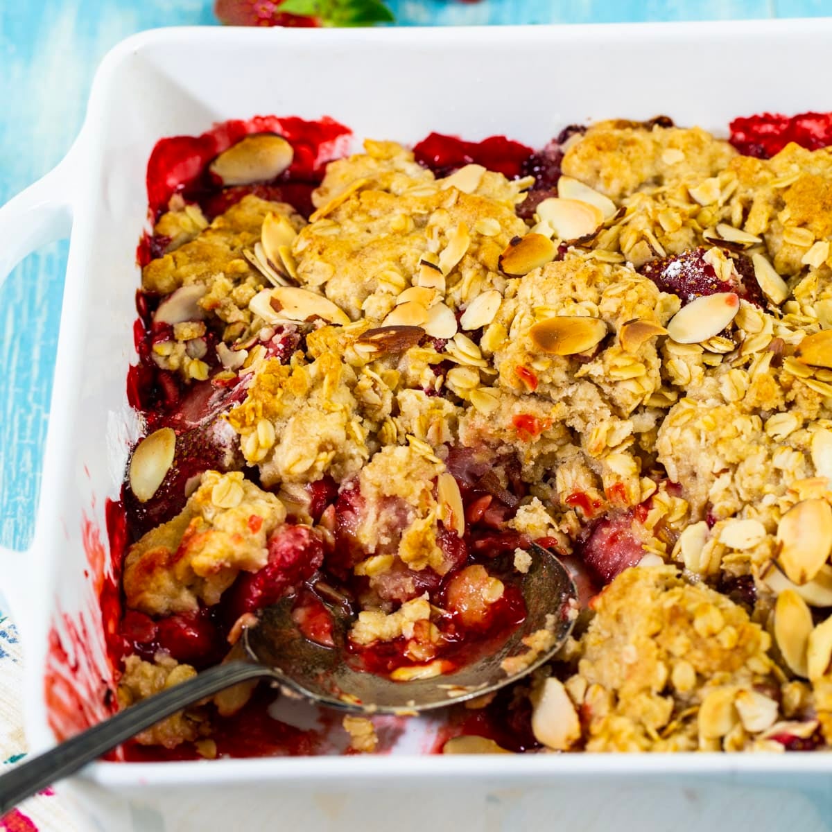 Strawberry Crisp in a baking dish.