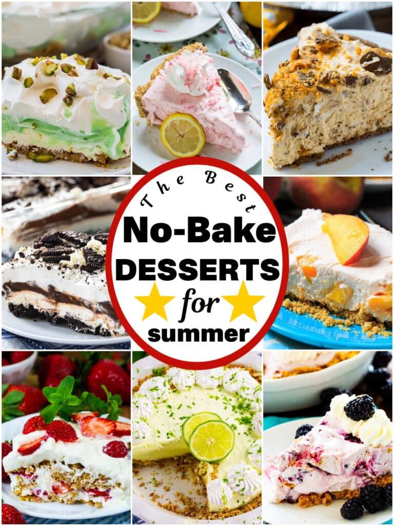 Collage of 8 no-bake desserts.