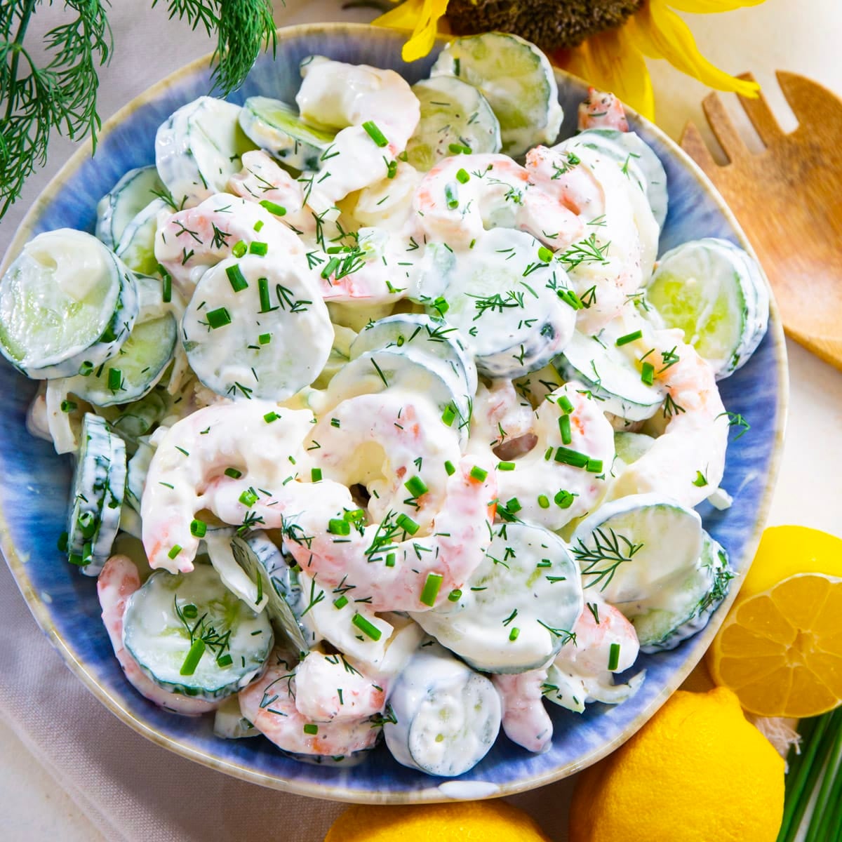 Shrimp Cucumber Salad in a blue bowl.