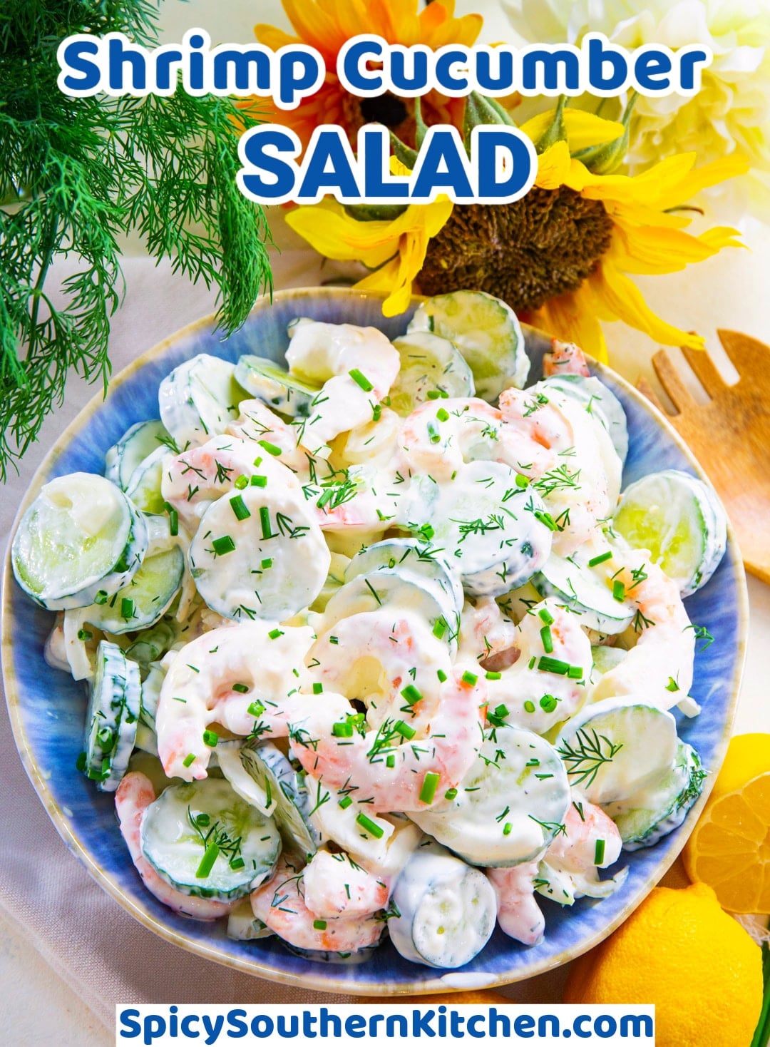 Shrimp Cucumber Salad in a blue bowl.