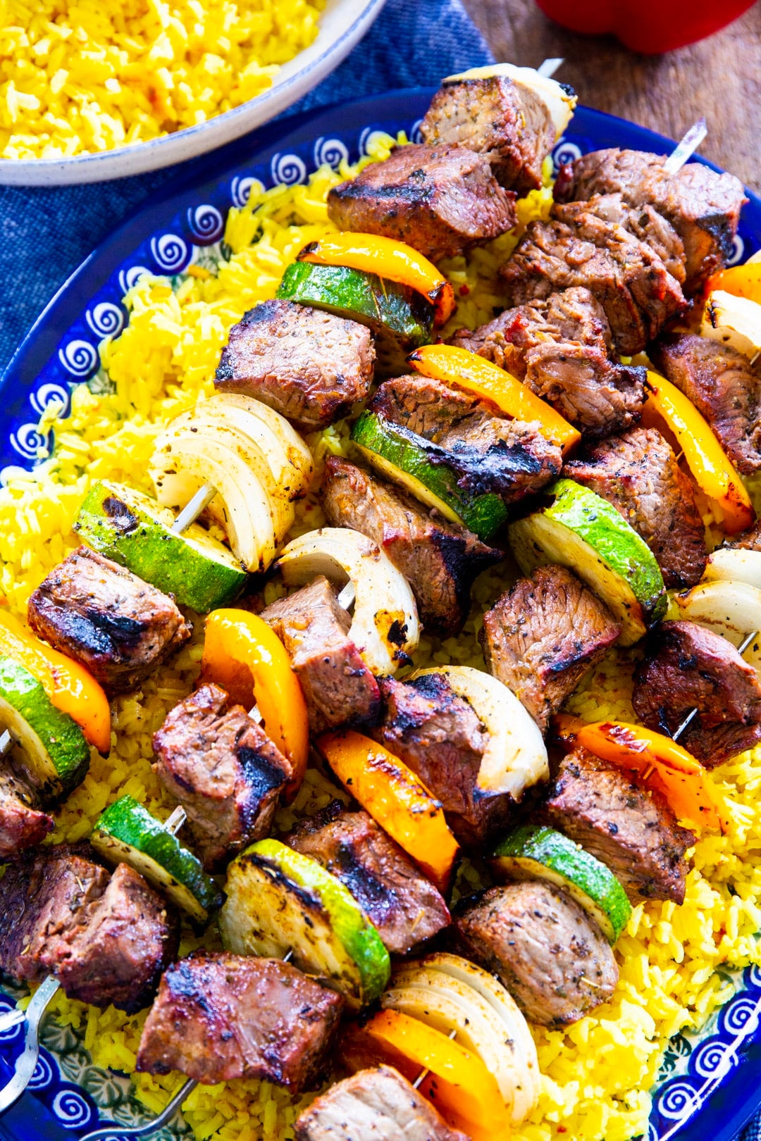 Close-up of Beef Shish Kabobs on a serving plate.