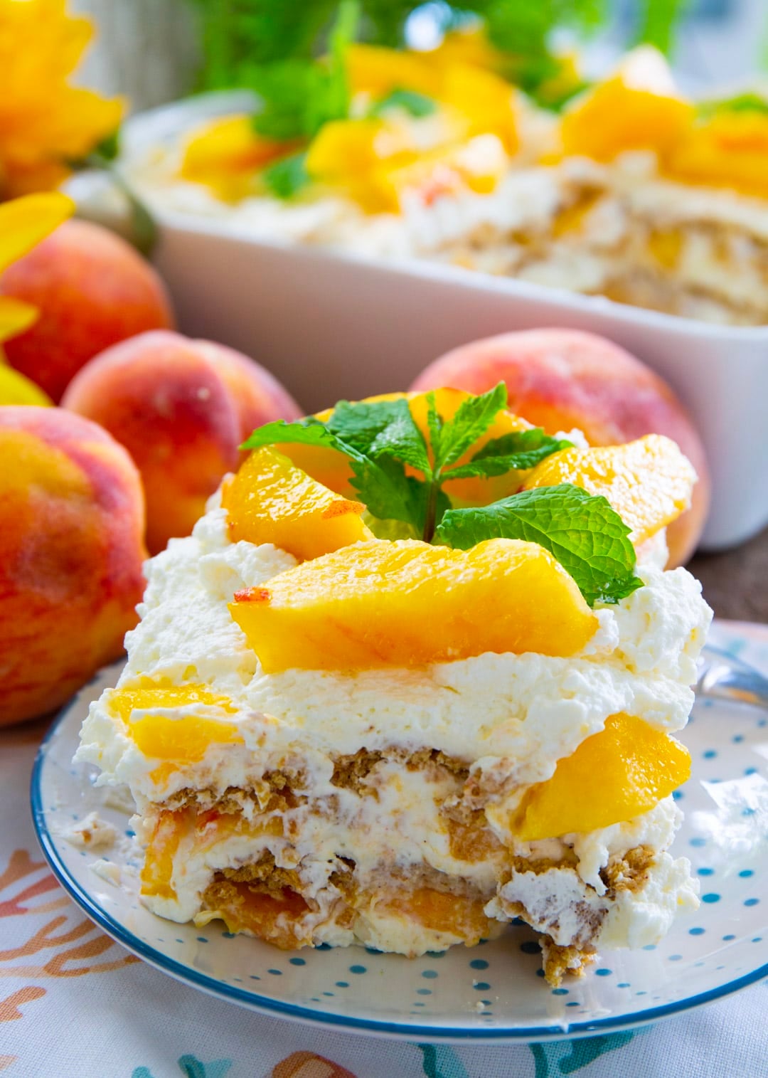Slice of Peach Icebox Cake on a plate.