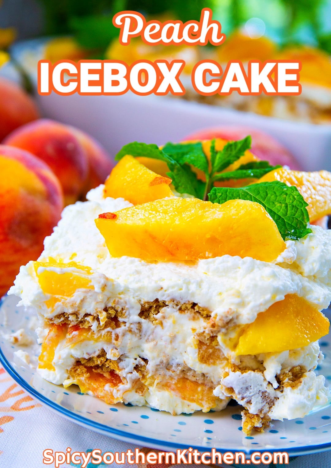 Slice of Peach Icebox Cake on a plate.