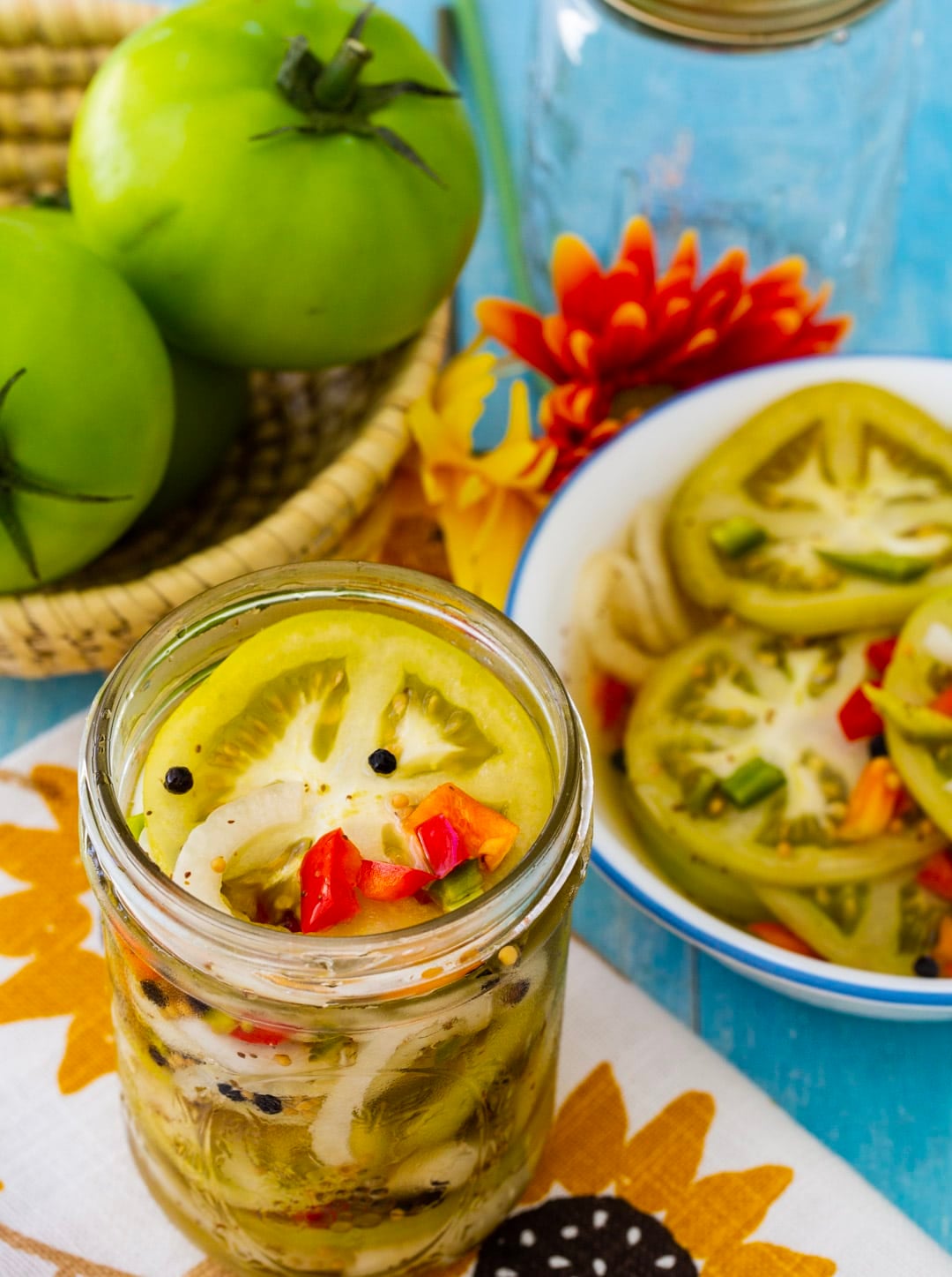 Pickled Green Tomatoes in a mason jar.