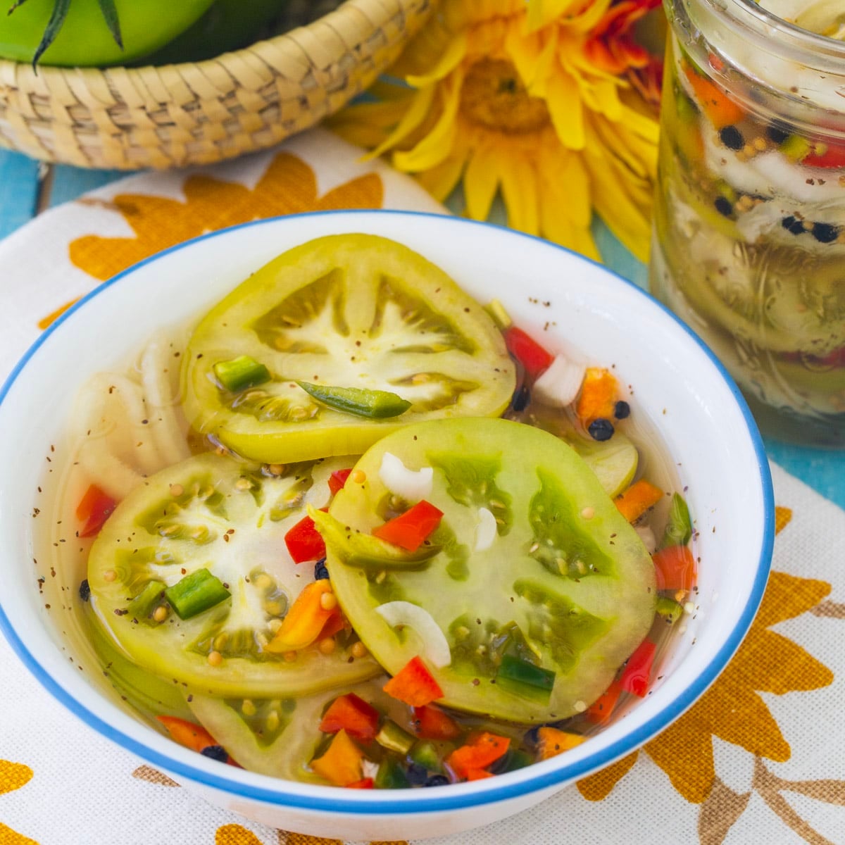 Southern Pickled Green Tomatoes in a bowl.