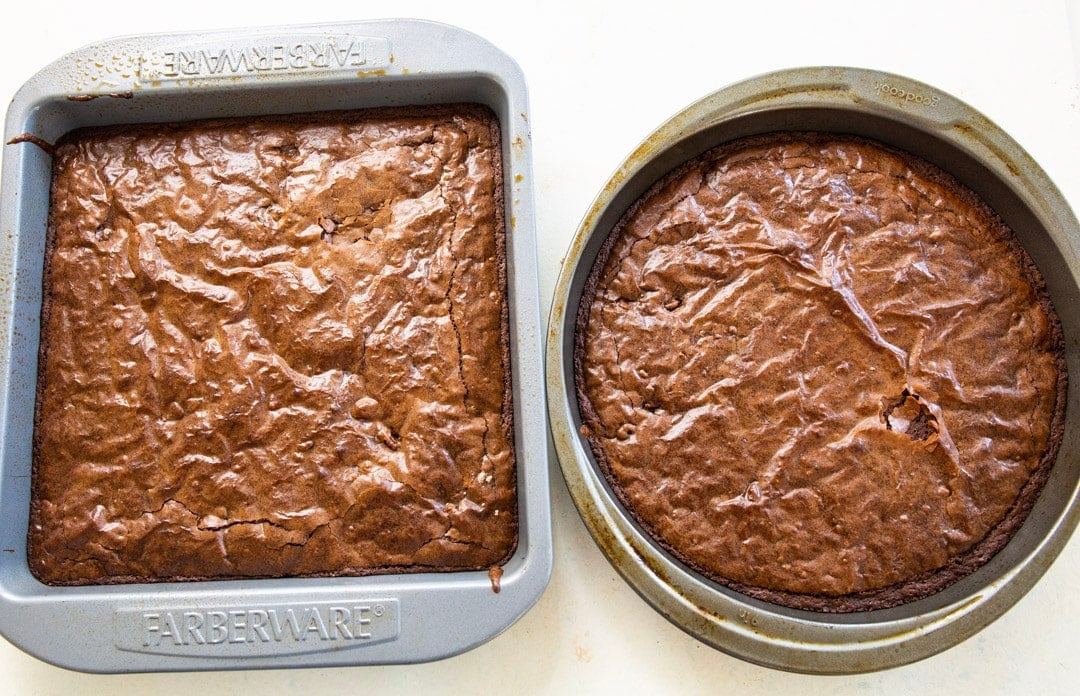 Baked brownies in pans.
