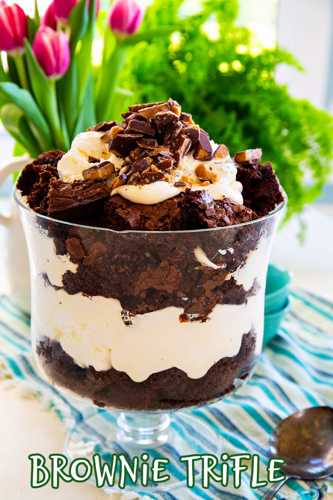 Brownie Trifle in a trifle dish.