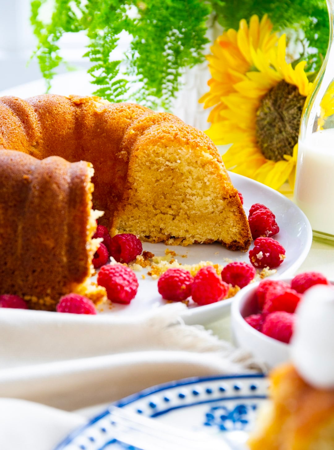 Pound cake on a cake stand.