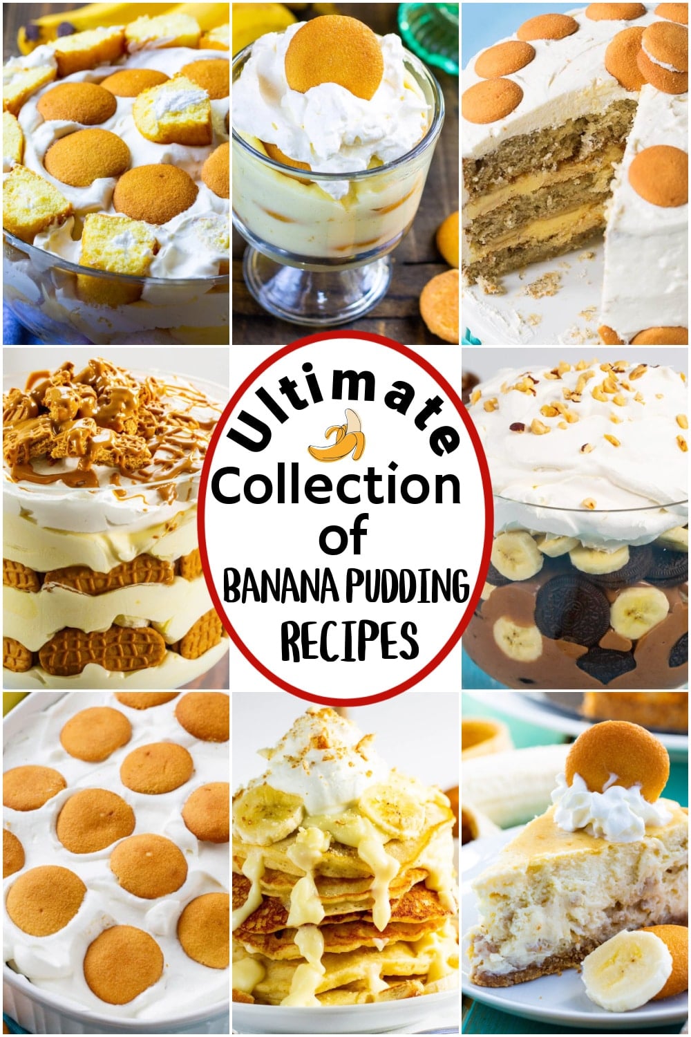 Collage of 8 different banana pudding recipes.