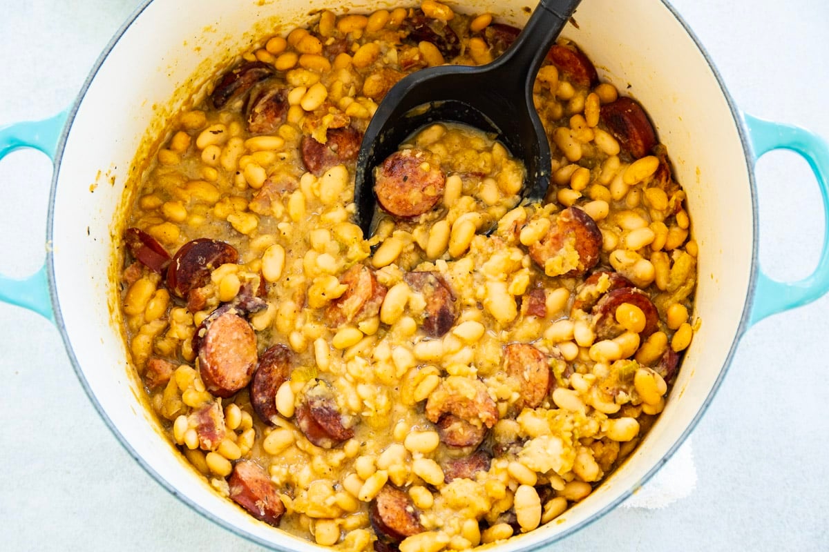 White Beans with Andouille Sausage in a Dutch oven.