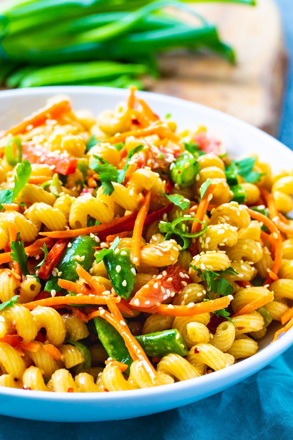 Asian Pasta Salad in a white bowl.