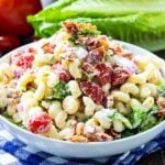Pasta Salad with bacon, lettuce, and tomato in a white bowl.