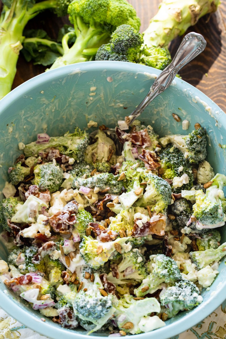 Bacon Blue Cheese Broccoli Salad in a large blue bowl