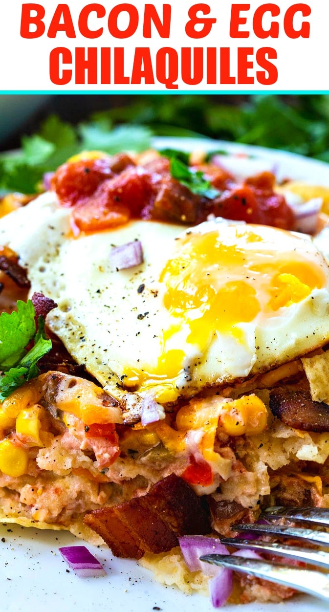 close-up of Bacon and Egg Chilaquiles with fresh cilantro and pico de gallo