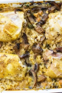 Baked Chicken and Rice Casserole in baking dish.