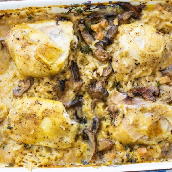 Baked Chicken and Rice Casserole in baking dish.