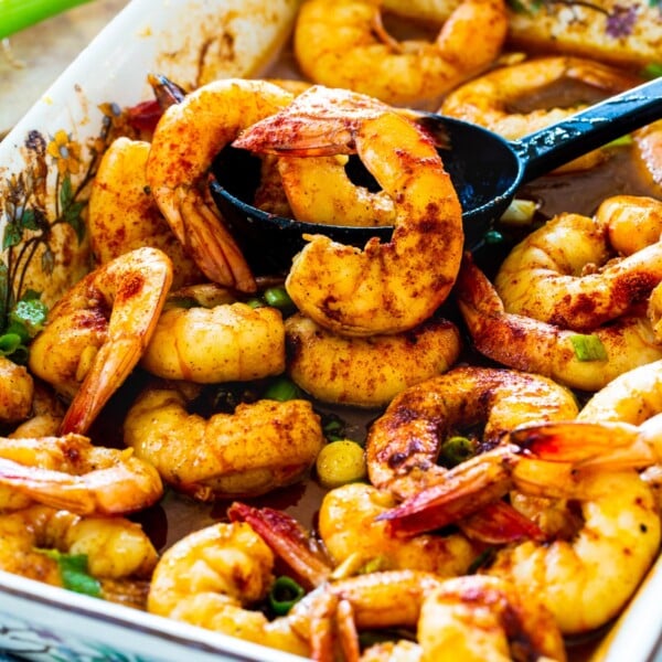 Baked Honey Garlic Shrimp in a baking dish.