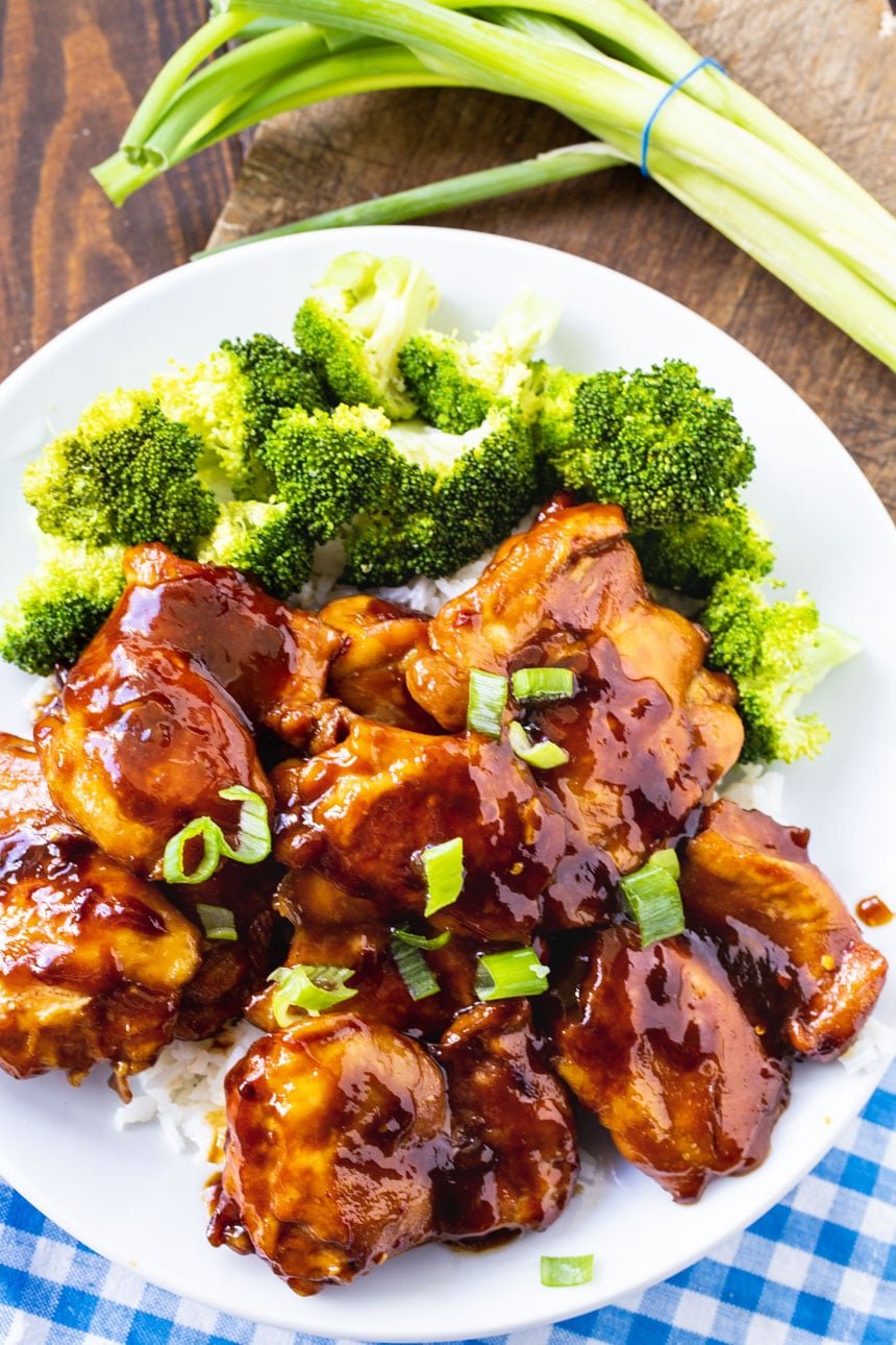 Overhead of Teriyaki Chicken on plate with broccoli.
