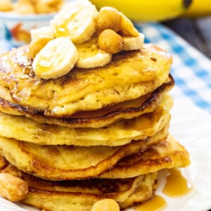 Stack of Banana Macadamia Pancakes.