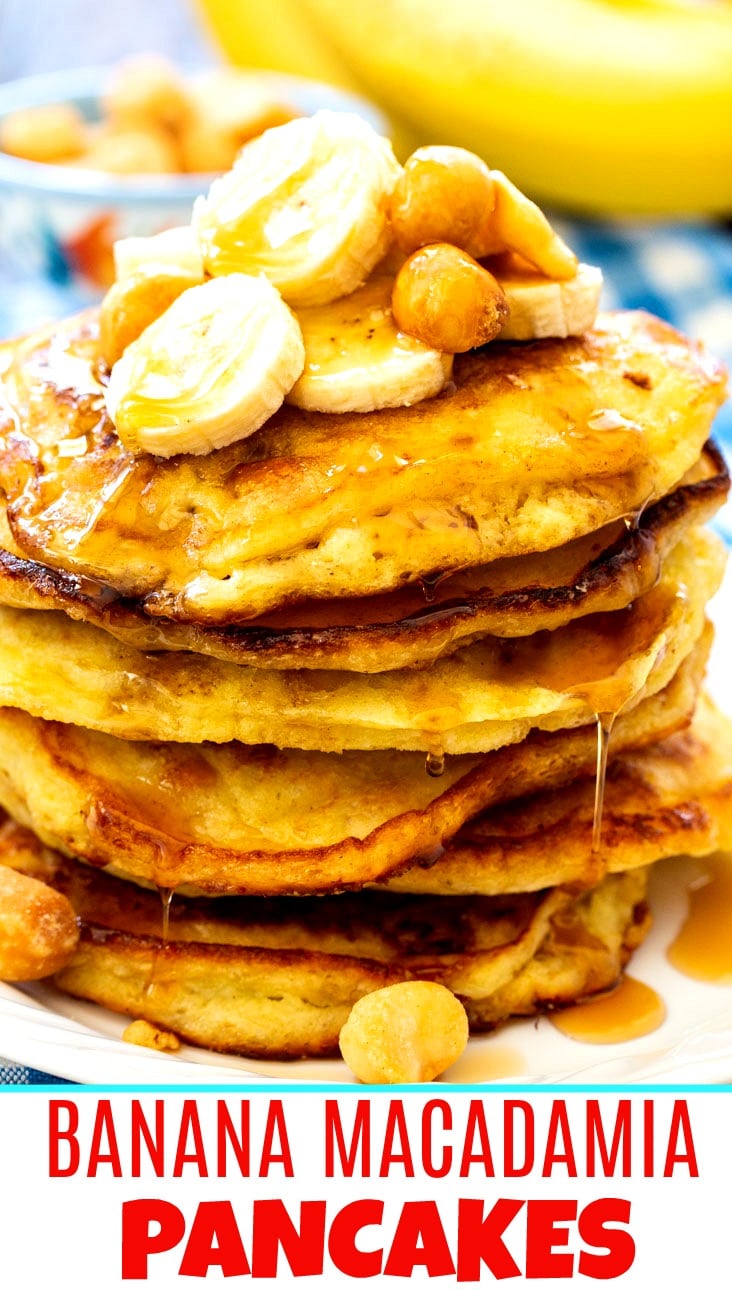 Stack of Banana Macadamia Nut Pancakes close-up