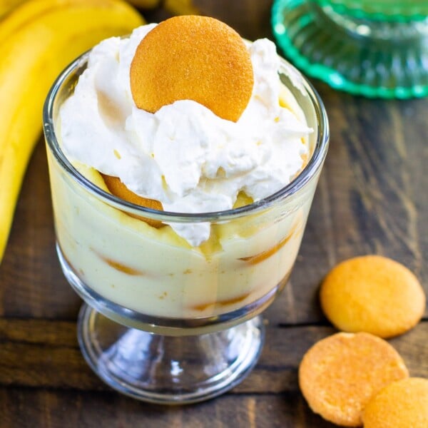 Banana Pudding in an individual glass serving dish.