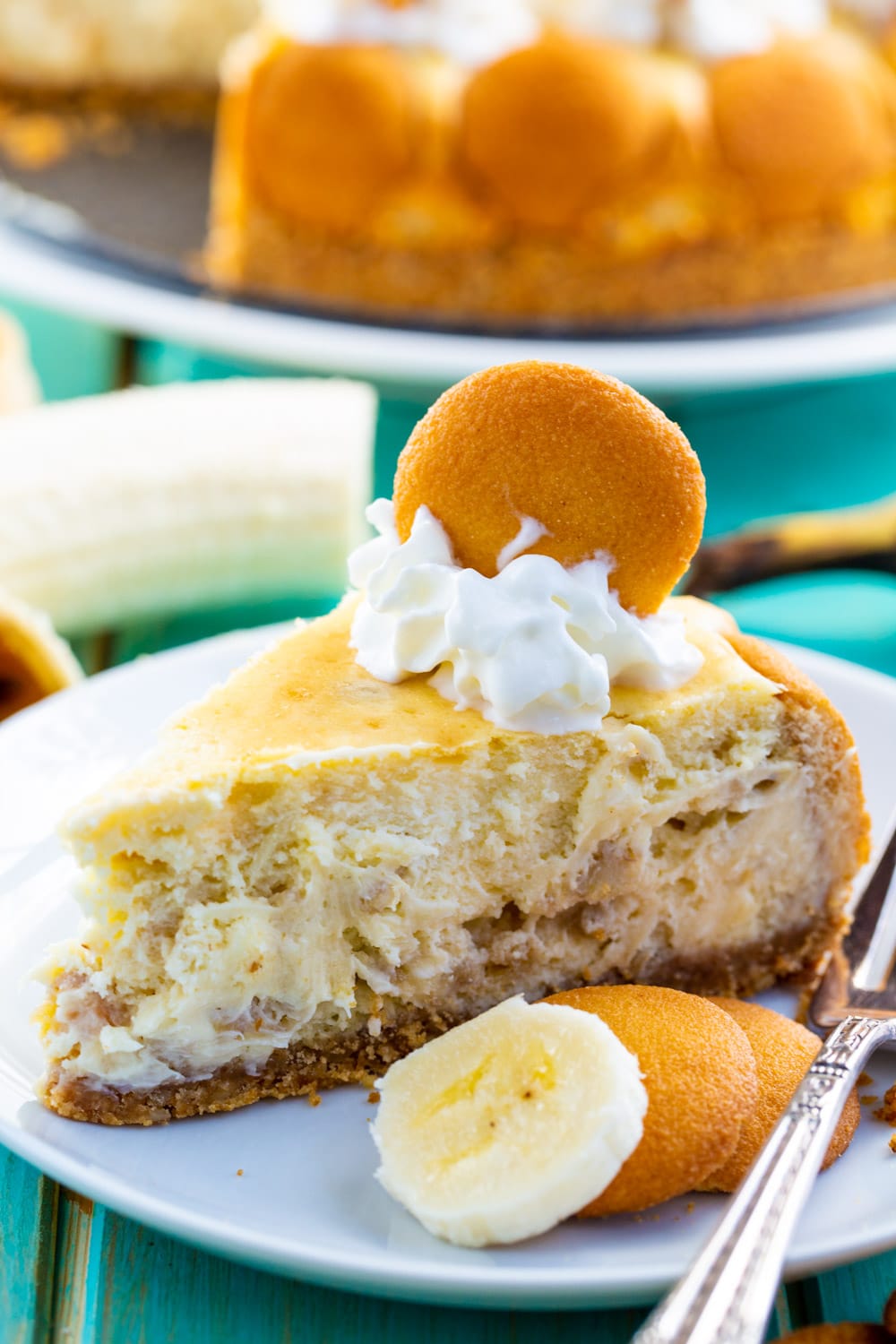 Slice of Banana Pudding Cheesecake on a plate.