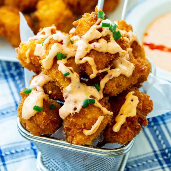 Bang Bang Chicken in a metal basket.