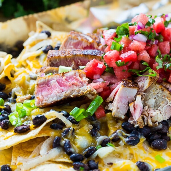 Blackened Tuna Nachos with watermelon Pico de Gallo