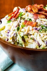 Blue Cheese Bacon Coleslaw in a large wooden bowl.