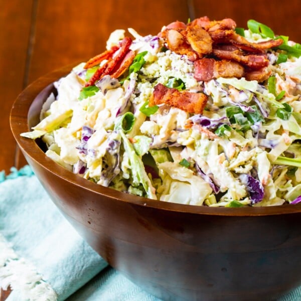 Blue Cheese Bacon Coleslaw in a large wooden bowl.