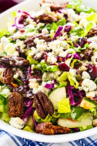 Blue CHeese Chopped Salad topped with Craisins and Pecans in a large white bowl.