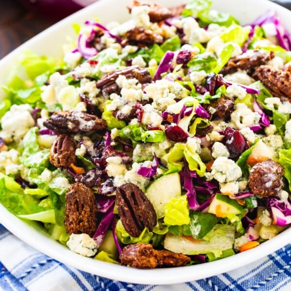 Blue CHeese Chopped Salad topped with Craisins and Pecans in a large white bowl.