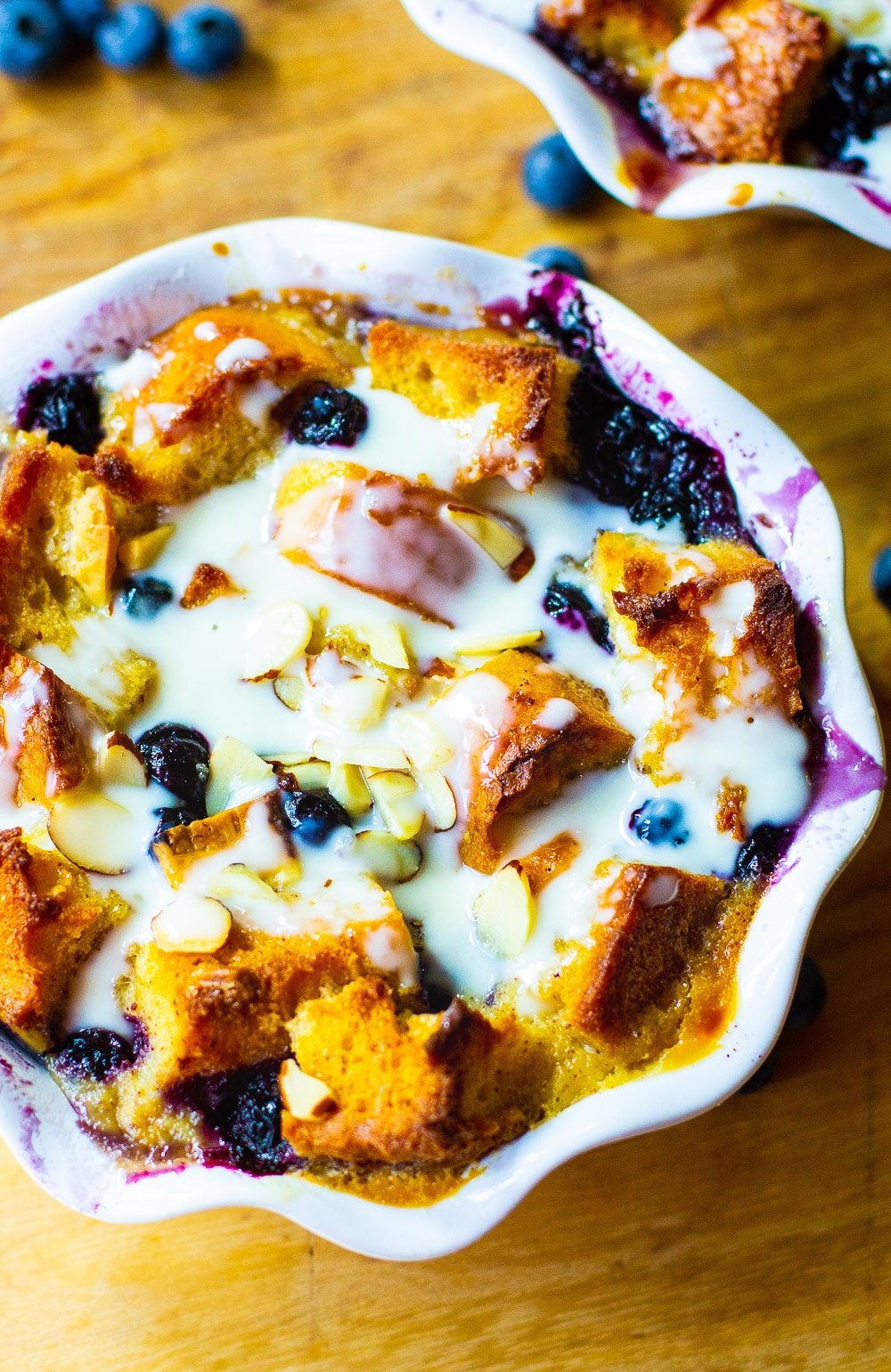 Overhead of Blueberry White Chocolate Bread Pudding.