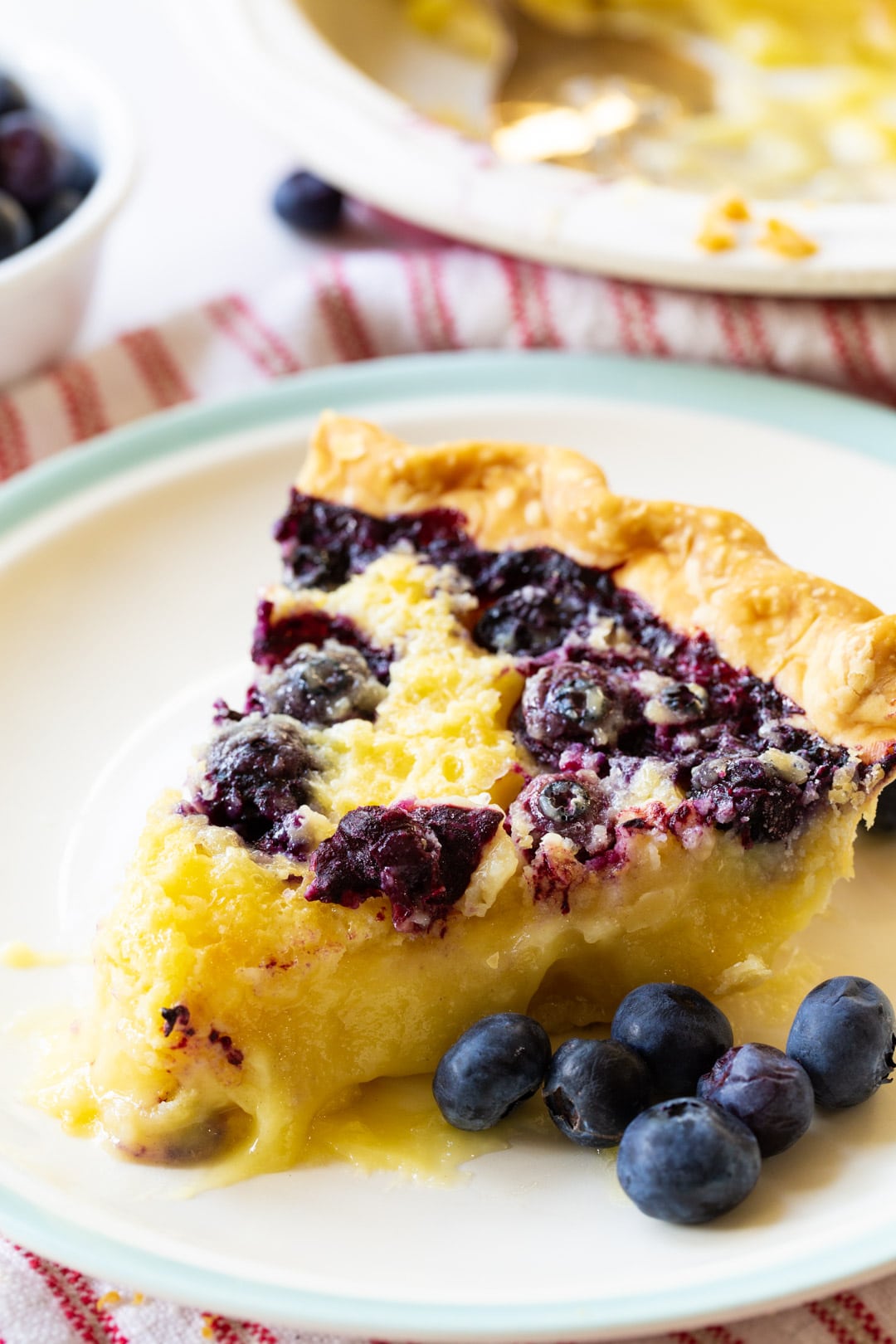 Slice of pie on a plate with blueberries.