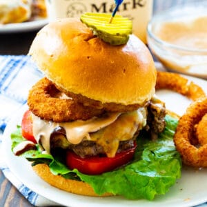 Bourbon BBQ Burgers topped with fried onion rings.