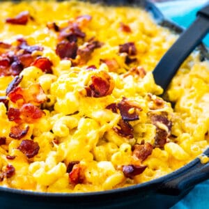 Bourbon and Bacon Mac and Cheese in a cast iron pan.
