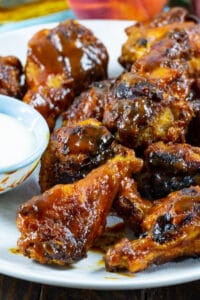 Bourbon Peach BBQ Wings on a plate.