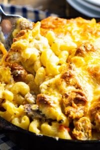 Breakfast Mac and Cheese in cast iron pan.