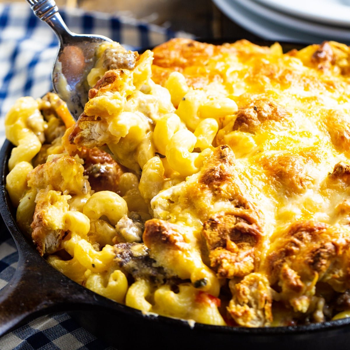 Breakfast Mac and Cheese in cast iron pan.