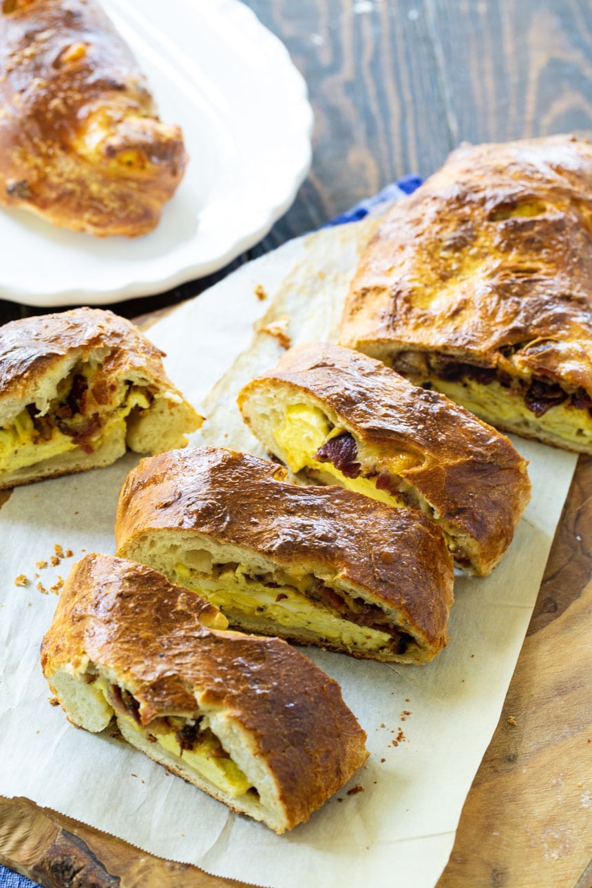 Breakfast Stromboli cut into slices.