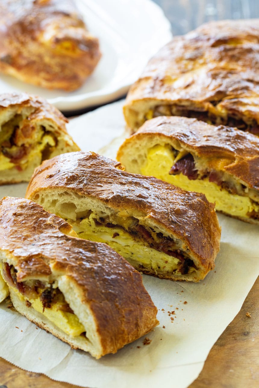 slices of Stromboli filled with bacon, eggs, and cheese